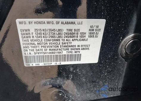 2019 Honda Pilot Lx from USA, damaged, VIN 5FNYF5H14KB011647